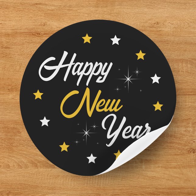 Adesivo Redondo Feliz ano novo preto branco e Dourado estrela 2024 (Black White & Gold Star Happy New Year 2024 Classic Round Sticker
)