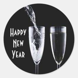 Adesivo Redondo Feliz ano novo Preto Champanhe Branco Vidro Festiv