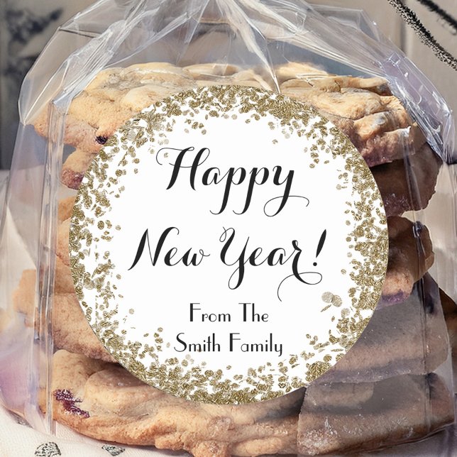 Adesivo Redondo Feliz ano novo Simples Dourado e Branco (Criador carregado)