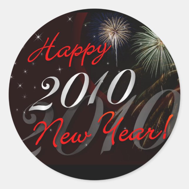 Adesivo Redondo Feliz ano novo Stickers - 2010 com Fireworks (Frente)
