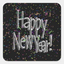 Adesivo Redondo Feliz ano novo - Texto Prateado com Confetti Preto