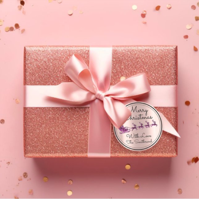 Adesivo Redondo Feliz Árvore de Natal - Papais noeis Rosa Sleigh P (Merry Christmas Tree Name Rose Santa Sleigh Purple Classic Round Sticke)