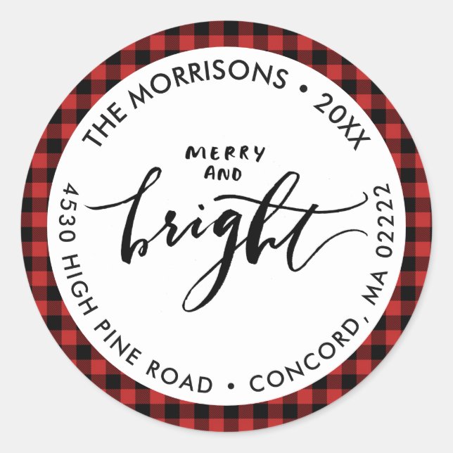 Adesivo Redondo Feliz Bright Buffalo Xadrez Natal Seu Endereço (Frente)
