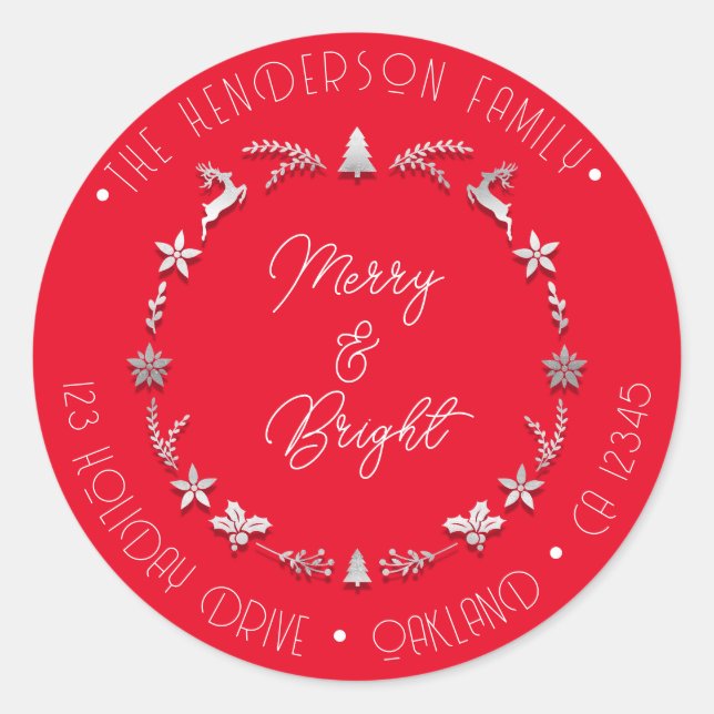 Adesivo Redondo Feliz Bright Family Address Deer Cinza Wreath Red (Frente)