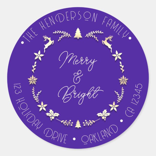 Adesivo Redondo Feliz Bright Family Address Deer Dourado Wreath Bl (Frente)