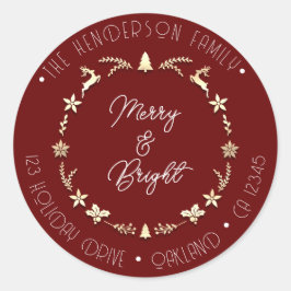 Adesivo Redondo Feliz Bright Family Address Deer Dourado Wreath Re
