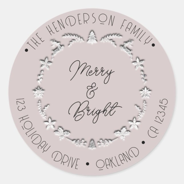 Adesivo Redondo Feliz Bright Family Address Deer Stars Silver Rosa (Frente)