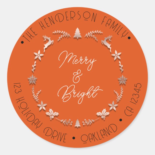 Adesivo Redondo Feliz Bright Family Address Wreath Deer RoseOrange (Frente)
