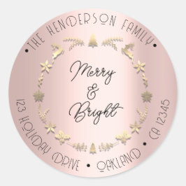 Adesivo Redondo Feliz Bright Family Address Wreath Dourada Rosa