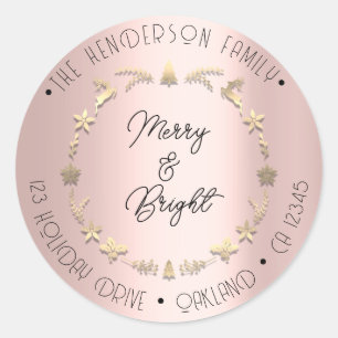 Adesivo Redondo Feliz Bright Family Address Wreath Dourada Rosa