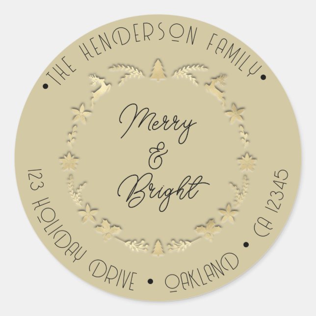 Adesivo Redondo Feliz Bright Family Endereço Deer Star Dourado Mos (Frente)