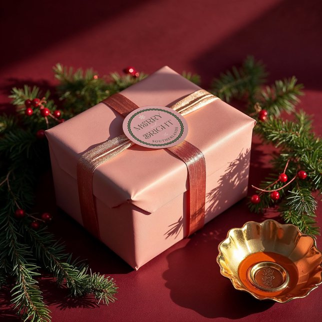 Adesivo Redondo Feliz & Brilhante Moderno Rosa & Verde Onda Retroa (Merry & Bright Modern Pink & Green Retro Wavy Classic Round Sticker)