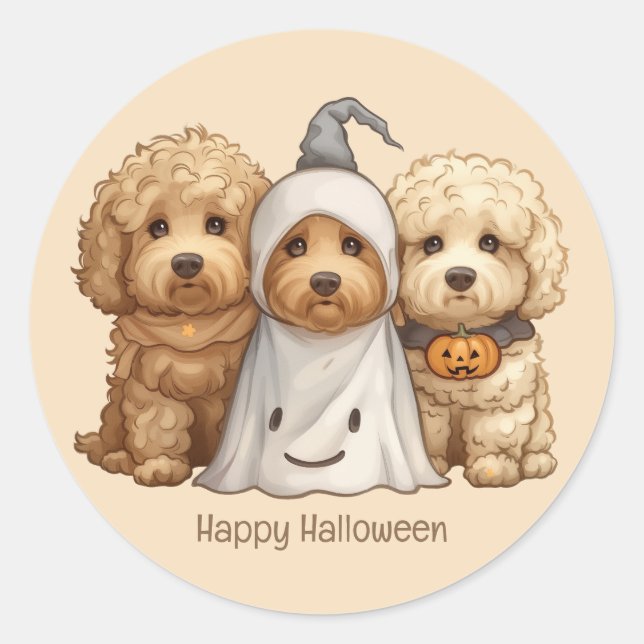 Adesivo Redondo Feliz Cachorro de Goldendoodle de Halloween (Frente)