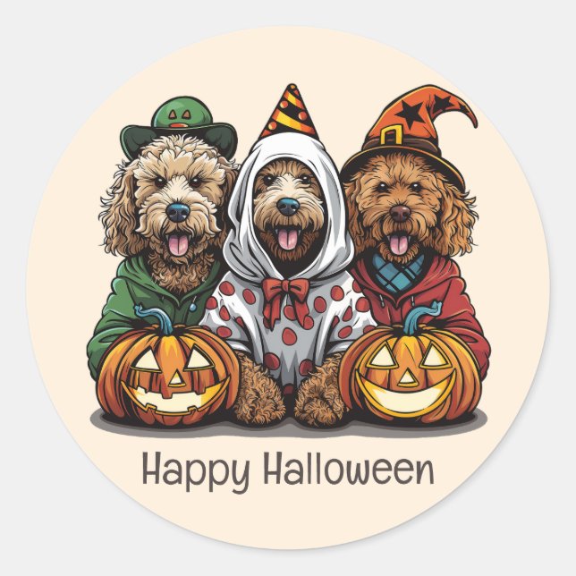 Adesivo Redondo Feliz Cachorro de Goldendoodle de Halloween (Frente)