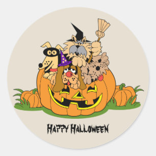 Adesivo Redondo Feliz Cachorro De Halloween Em Pumpkin