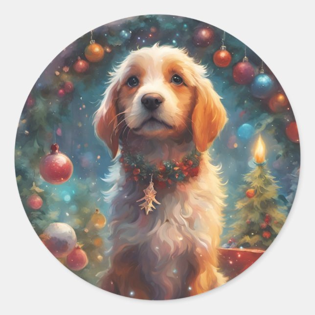Adesivo Redondo Feliz Cachorro de Natal, Pet de Férias (Frente)