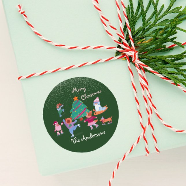 Adesivo Redondo Feliz Cachorro de Natal - Pregado de Gelo Verde (Criador carregado)