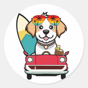 Adesivo Redondo Feliz Cachorro Engraçado está dirigindo para a pra
