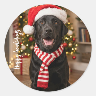 Adesivo Redondo Feliz Cachorro Labrador Preto Natal Howlidays