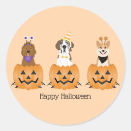 Adesivo Redondo Feliz Cachorros De Halloween Em Pumpkins
