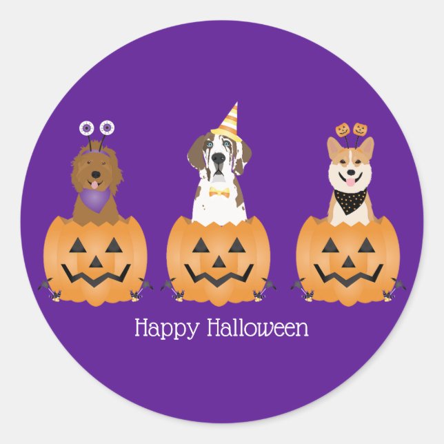 Adesivo Redondo Feliz Cachorros De Halloween Em Pumpkins (Frente)