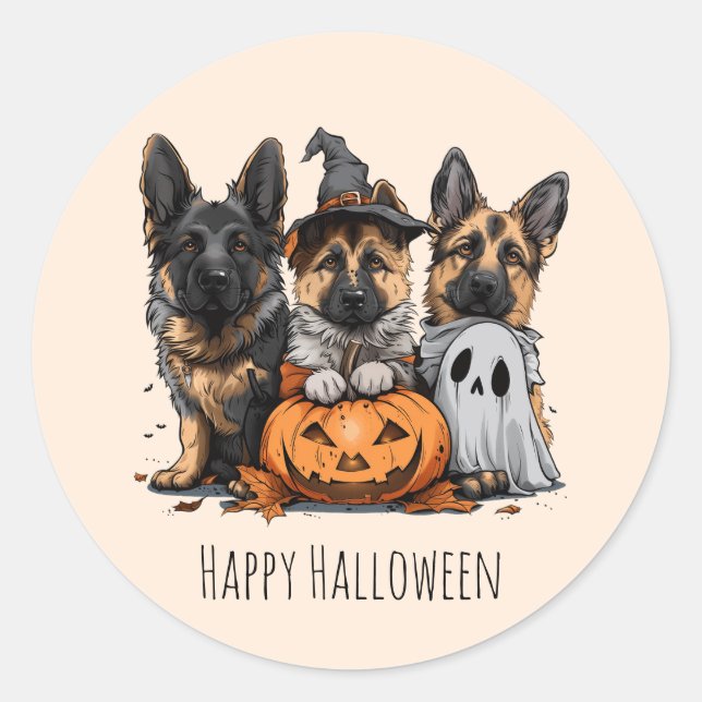 Adesivo Redondo Feliz Cachorros German shepherd de Halloween (Frente)