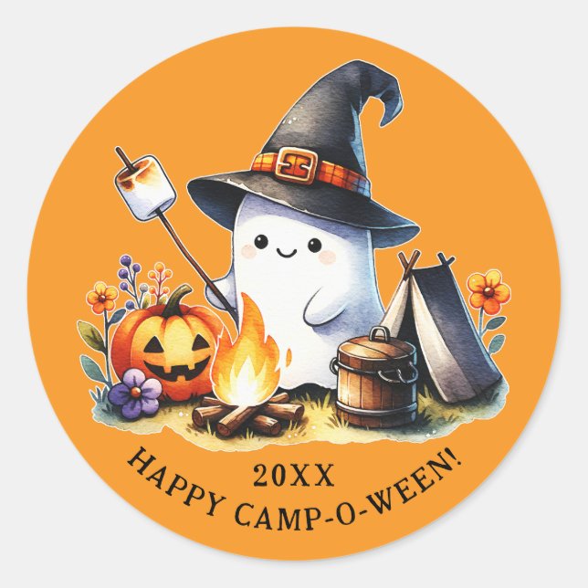 Adesivo Redondo Feliz Campo-entre-Fantasma Camping Halloween Laran (Frente)