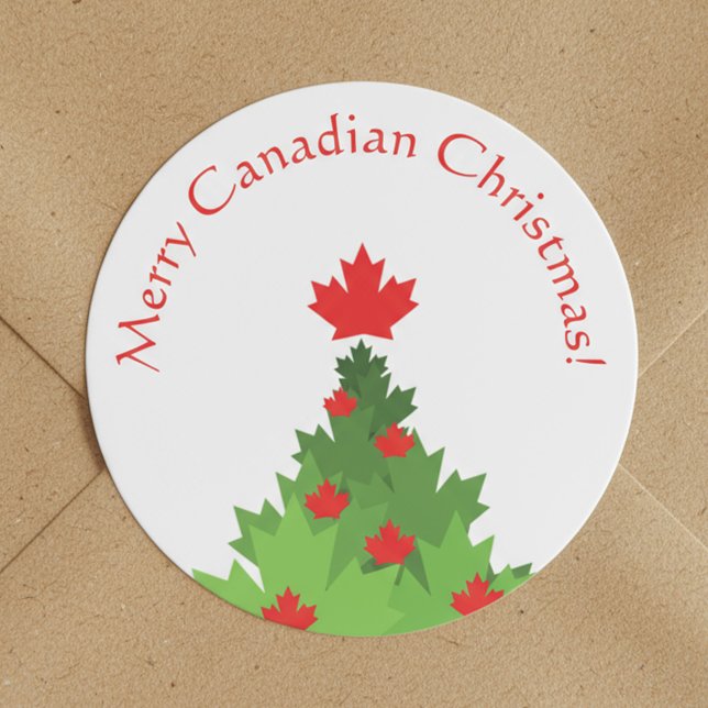 Adesivo Redondo Feliz canadense Flag Maple Leaf Christmas Tree (Criador carregado)