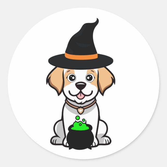 Adesivo Redondo Feliz cão Engraçado é uma bruxa (Frente)