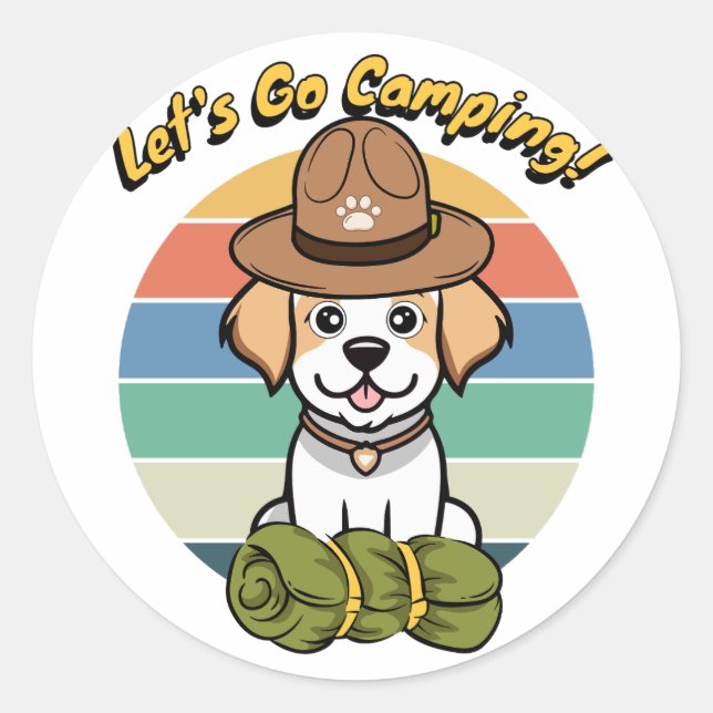 Adesivo Redondo Feliz cão Engraçado quer ir acampar (Frente)