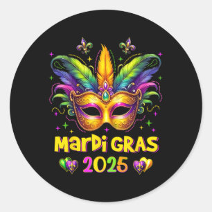 Adesivo Redondo Feliz Carnaval Mardi Gras Máscara 2025 Jes