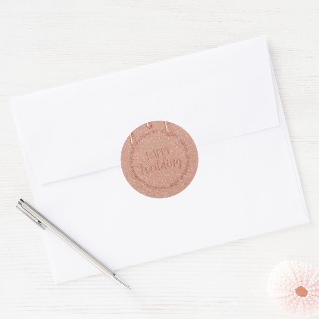 Adesivo Redondo Feliz Casamento em Casamento com Lixo Dourado Rosa (Envelope)