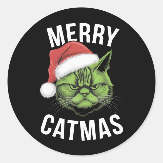 Adesivo Redondo Feliz Catmas Engraçado Gato Adora Natal (Frente)