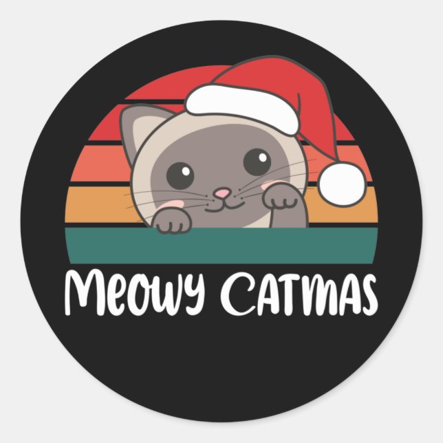 Adesivo Redondo Feliz Catmas Engraçado Gato Pun Clássico de Natal (Frente)