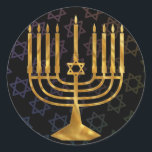 Adesivo Redondo Feliz Chanukah<br><div class="desc">Ilustração de uma menorah com texto de Happy Chanukah</div>