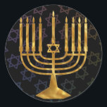 Adesivo Redondo Feliz Chanukah<br><div class="desc">Ilustração de uma menorah com texto de Happy Chanukah</div>