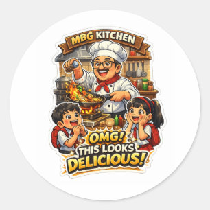 Adesivo Redondo Feliz Chef Cozinhando Comida Deliciosa Sticker de