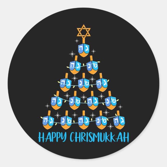 Adesivo Redondo Feliz Chrismukkah Dreidel Árvore de Natal Hanukkah (Frente)