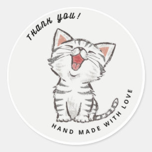 Adesivo Redondo Feliz Cinza De Gatinho Feliz, Obrigado