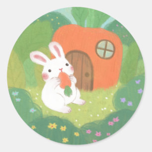 Adesivo Redondo Feliz Coelhinho com Cenoura na Floresta