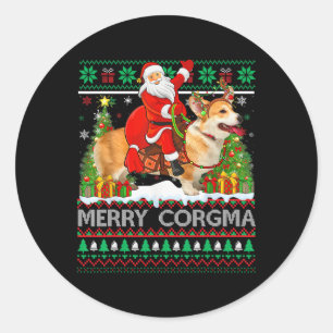 Adesivo Redondo Feliz Corgmas Divertido Papai Noel Feio Montando C