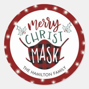 Adesivo Redondo Feliz COVID engraçada Verificação de Cristo MASK B
