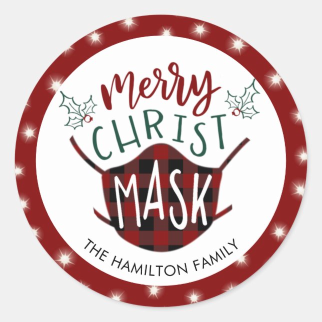 Adesivo Redondo Feliz COVID engraçada Verificação de Cristo MASK B (Frente)