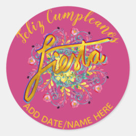 Adesivo Redondo Feliz Cumpleanos FIESTA Folk Flowers Personalizada