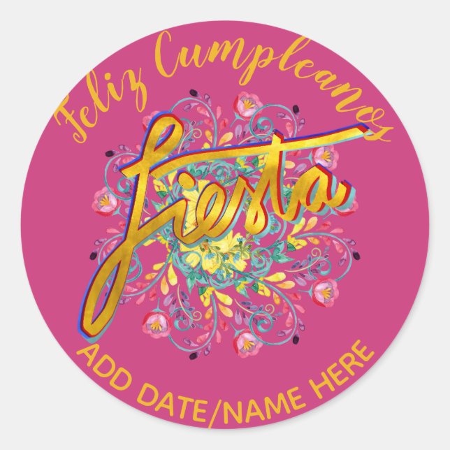 Adesivo Redondo Feliz Cumpleanos FIESTA Folk Flowers Personalizada (Frente)