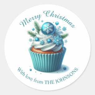 Adesivo Redondo Feliz Cupcake Azul de Natal Com Vinheta de Amor