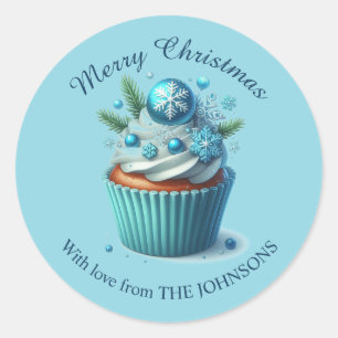 Adesivo Redondo Feliz Cupcake Azul de Natal Com Vinheta de Amor