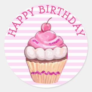 Adesivo Redondo Feliz Cupcake de Aniversário Pinheiros rosa e bra