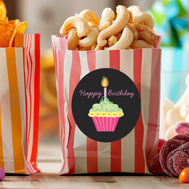 Adesivo Redondo Feliz Cupcake Rosa de Aniversário (Criador carregado)