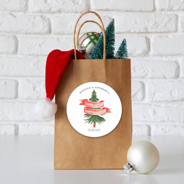 Adesivo Redondo Feliz da árvore de pinheiro de aquarela Pequeno Ch (Criador carregado)